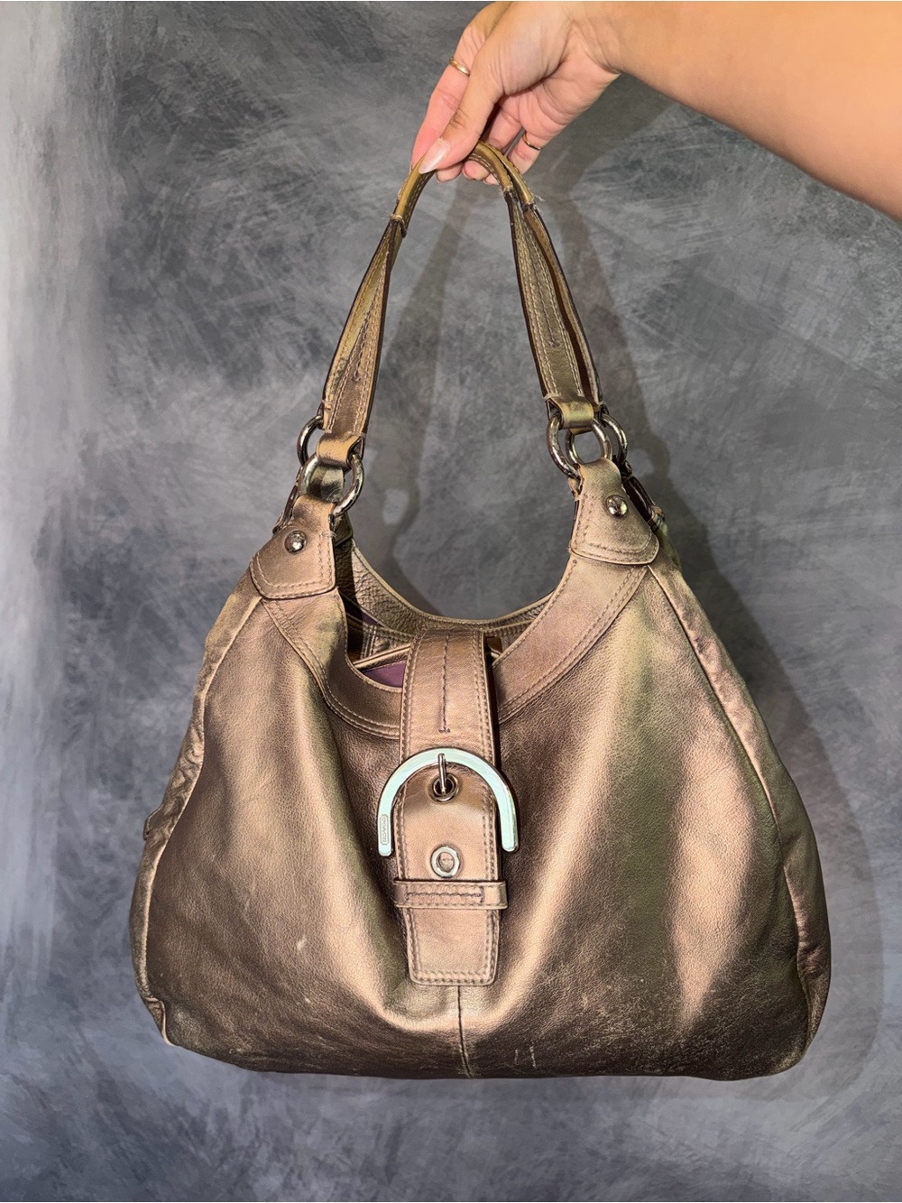Coach Metallic Bronze Leather Hobo with Buckle Detail